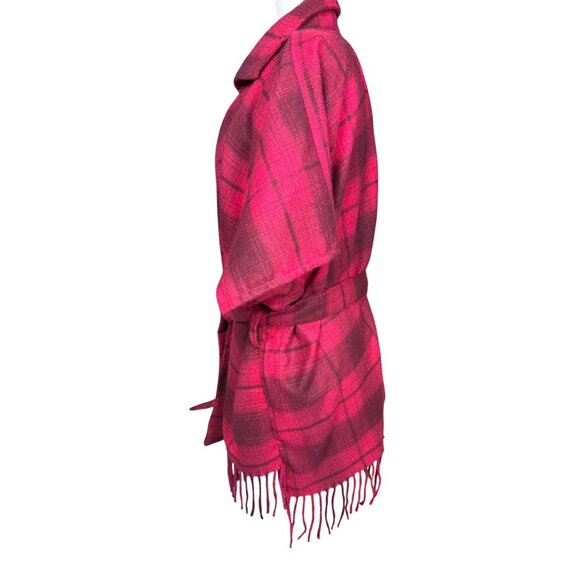 Isaac Mizrahi Women’s Red Plaid Poncho Cape Jacket O/S Belted Fringe Cozy Fall - Picture 7 of 11